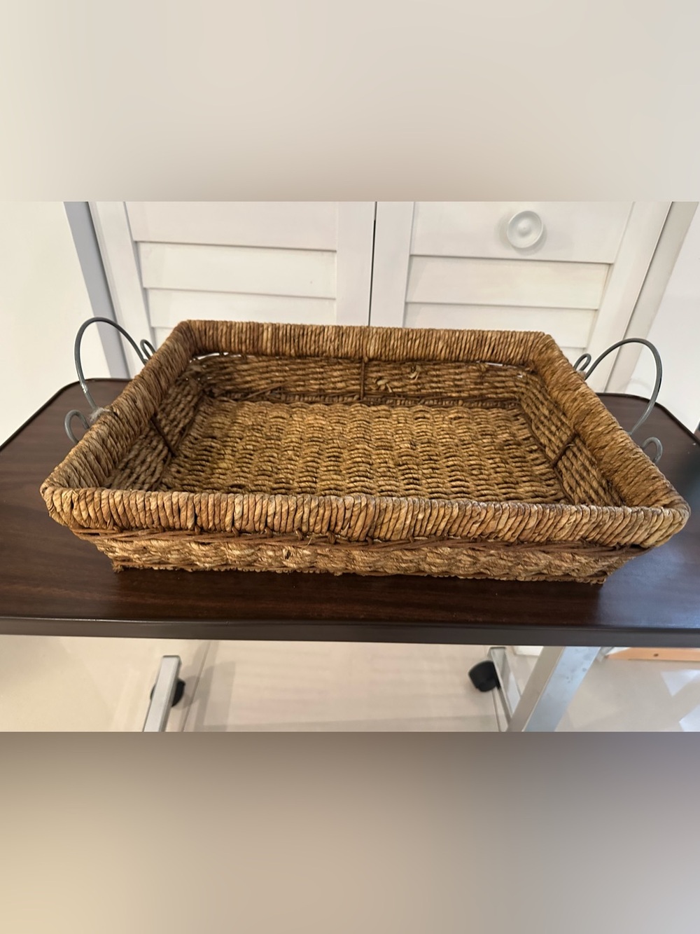 Natural Woven Seagrass Basket-Tray w/Metal Handles